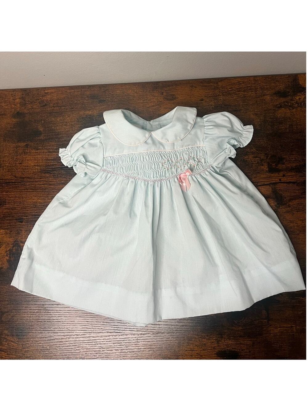 Vintage Polly Flinders Hand Smocked Baby Dress‎ Blue Peter Pan Collar 6-12 Mo.